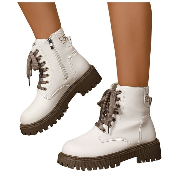 Rokment Womens Platform Combat Boots 2025 Fall Winter Fashion Leather Knit Patchwork Chunky Mid Calf Ankle Booties