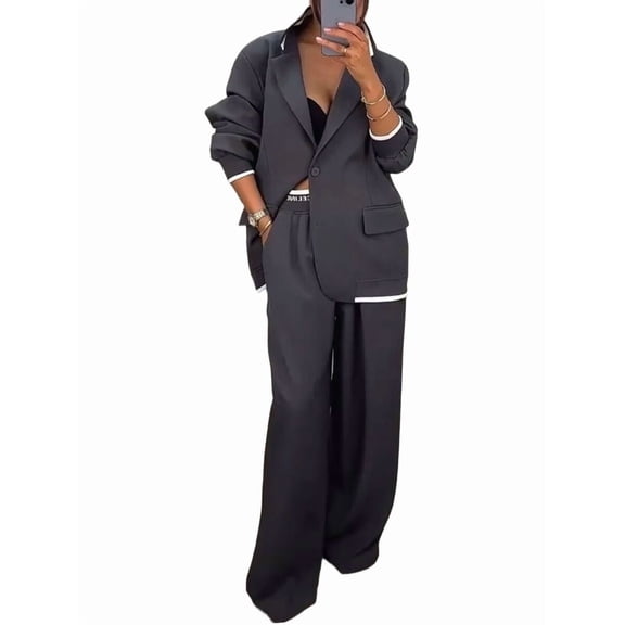 Women Suits 2 Piece Set Business Casual Dressy Oversized Blazer Jacket and Wide Leg Dress Pantsuits Dark Gray M