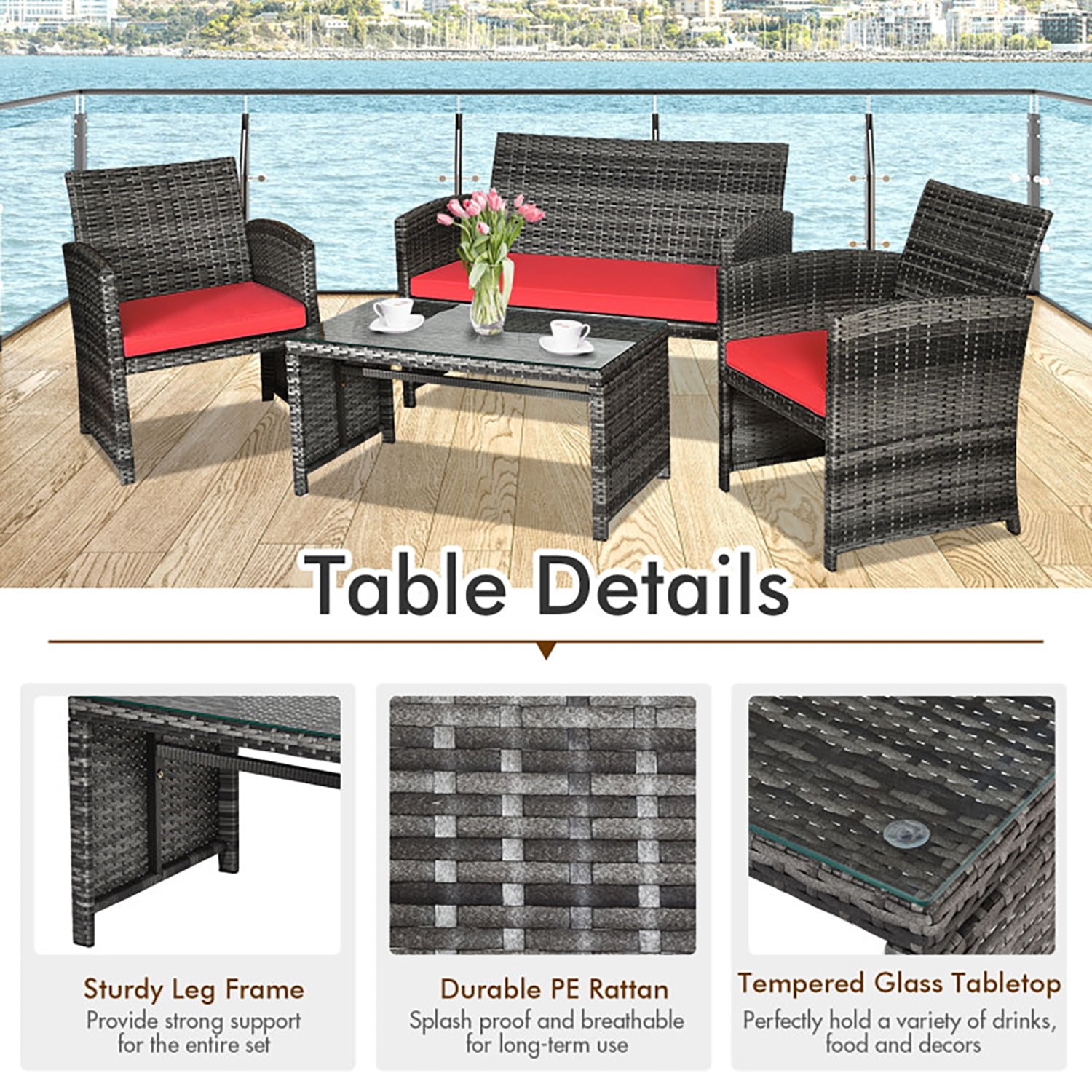 Aimee Lii 4 Pieces Wicker Patio Furniture Set with Cushions, Wicker Outdoor Sectional, Red Aimee Lii 4 Pieces Wicker Patio Furniture Set with Cushions, Wicker Outdoor Sectional, Red