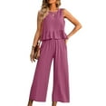 thumbnail image 2 of BLVB Womens Summer 2 Piece Outfits Casual Crewneck Sleeveless Ruffle Hem Tank Tops and Wide Leg Pants Lounge Sets, 2 of 6