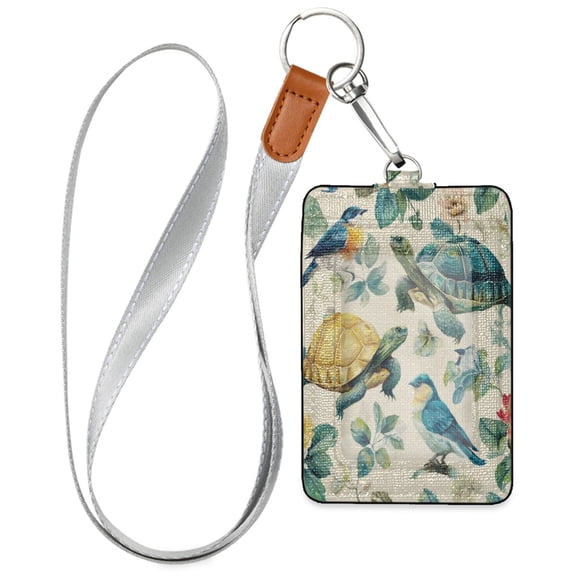 PU Leather Badge Holder ID Badge Holder with Lanyard for Cards & Credentials Colorful Turtles and Birds Pattern