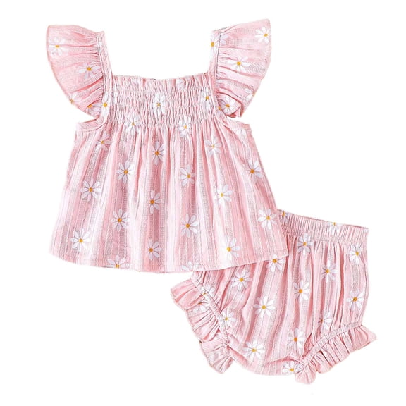 Girls Summer Outfits 18 Months Baby Girl Summer Clothes Flying Sleeve Smocked Babydoll T-shirt Tops Ruffle Shorts Cute Newborn Outfits 2Pcs Set