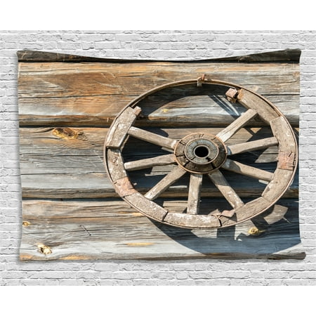 Barn Wood Wagon Wheel Tapestry Old Log Wall With Cartwheel Telega