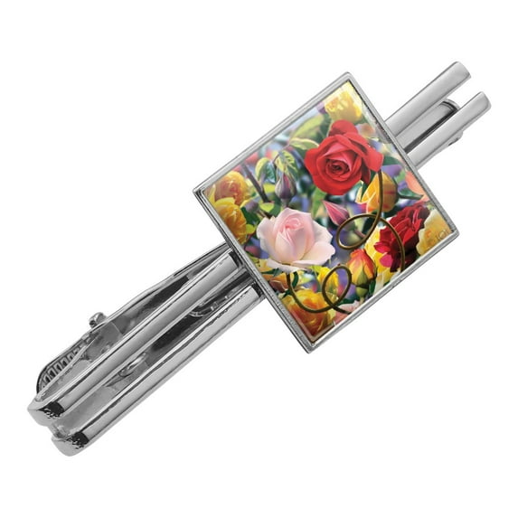 Wild Rose Tango Flowers Square Tie Bar Clip Clasp Tack- Silver or Gold