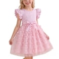 thumbnail image 5 of Girls Pink Tulle Dress 3D Butterfly Appliques Satin Bow Belt Ruffled Short Sleeves A-Line Kids Party Dress for Birthday Wedding Ages 3-10,Size 4-5T, 5 of 6