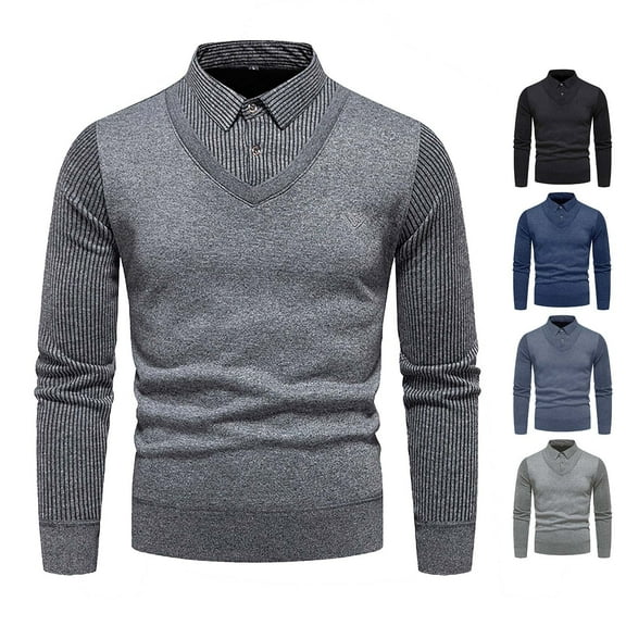 WAENQINLA Men's Striped Fake Two-Piece Shirt Long Sleeve Faux 2-Piece Knitted Shirt Tops Business Work Winter Casual Warm Pullover Tshirts