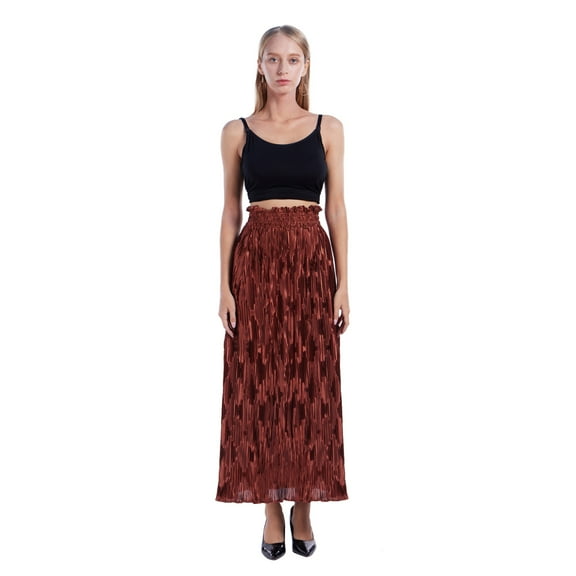 Womens Pleated Midi Skirt High Waist Swing Boho Pleated Skirt Casual Chiffon Ruched Elastic Waist A Line Long Skirts Flowy Ladies Skirt,S-2XL