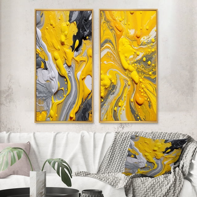 Designart "Cosmic Vibrations in Yellow and Grey II" Abstract Framed Wall Art Set Of 2 - Yellow Abstract Framed Canvas Set For Living Room Decor