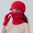 thumbnail image 3 of Gorro de punto grueso y cálido para mujer, conjunto de 3 piezas de guantes y bufanda, Boina de piel de conejo con flores elegantes, gorro de esquí para montar al aire libre, invierno, nuevo, 3 of 4