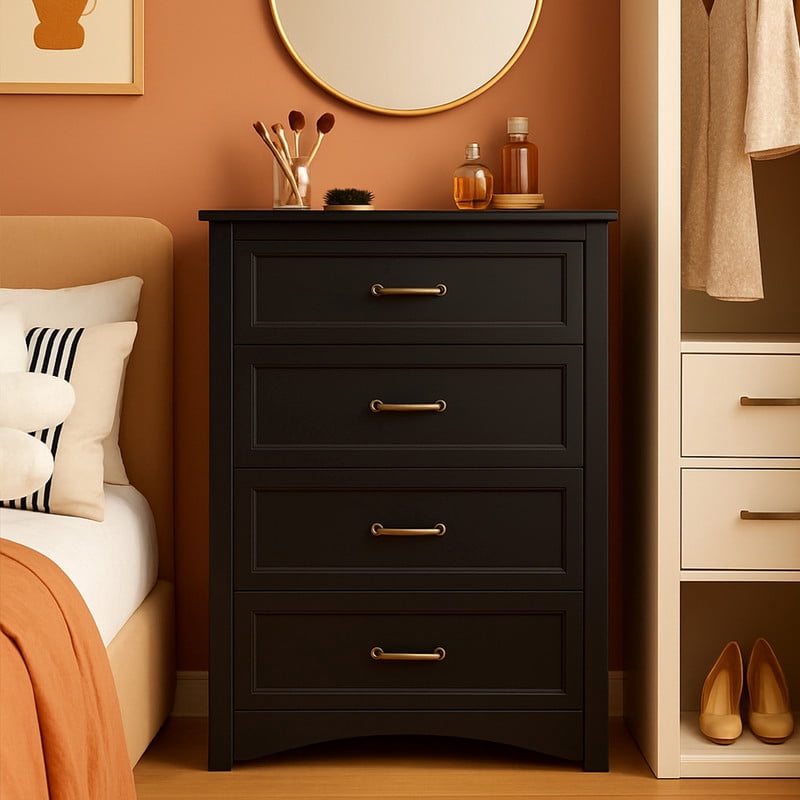 4 Drawer Dresser for Bedroom, Engineered Wooden Chest of Drawers with Sleek Metal Handles for Living Room - Black