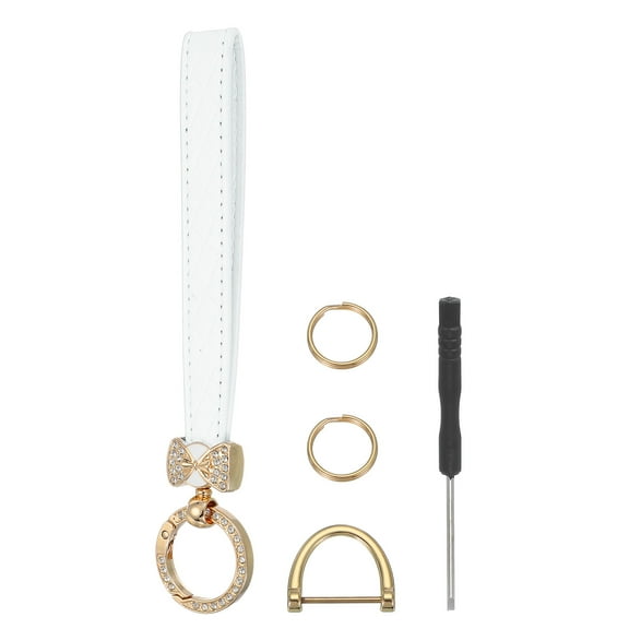 Leather Keychain Car Key Chain Wristlet Key Fob Holder Bow Style Bow Gold/White