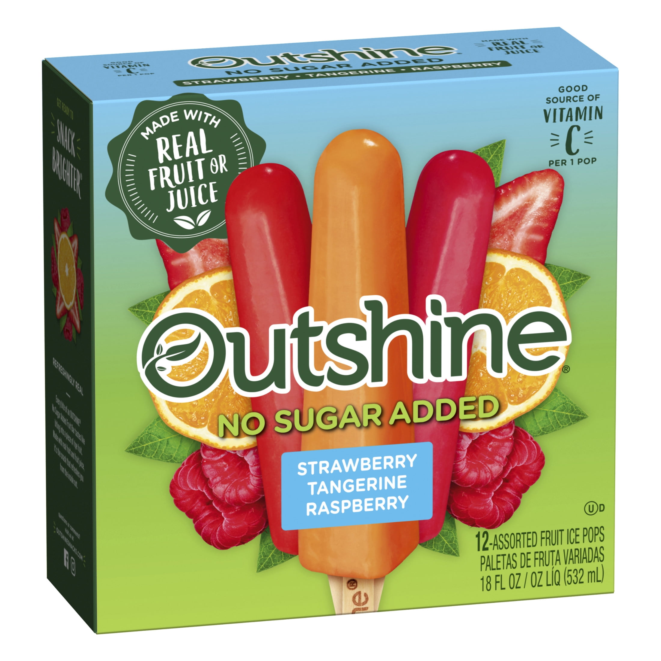 Outshine No Sugar Added Strawberry, Tangerine, and Raspberry Frozen Mini Fruit Pops, Variety Pack, 12 Count