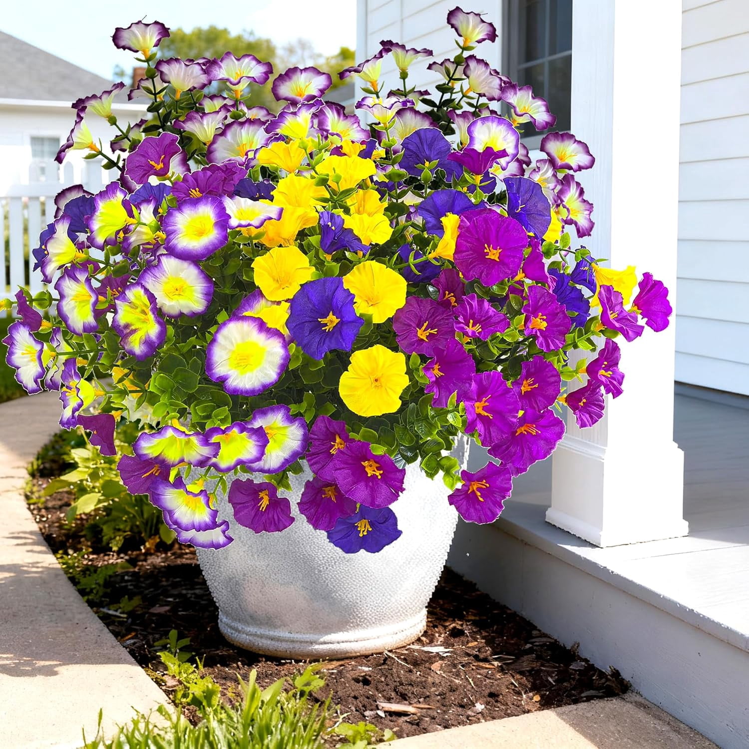 Artificial Flowers for Outdoors Fake Plants Spring Summer Decor, 12 Bundles Realistic Fake Silk Flowers Colorful Morning Glory UV Resistant Faux Flowers for Porch Outside Planter Porch Patio Yard