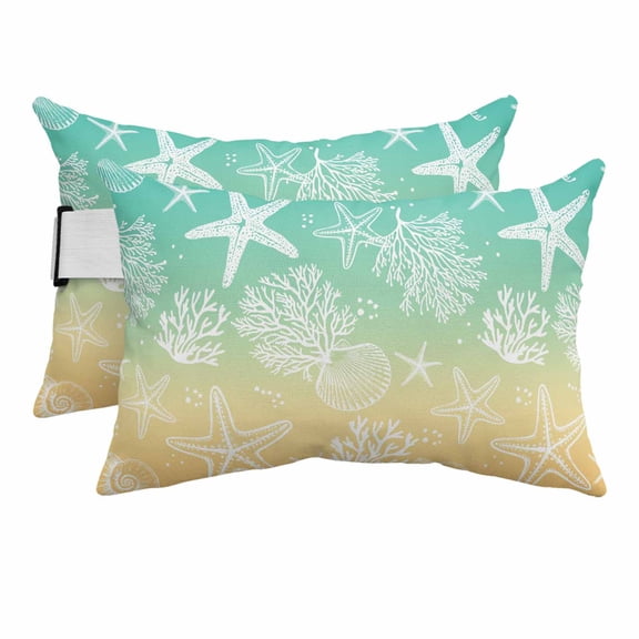 Outdoor Lumbar Pillows with Strap & Insert Coral Starfish Recliner Head Pillow Pack of 2 Ombre Yellow Geen Shell Marine Life Waterproof Patio Lounge Chair Pillows for Beach Office 11x16 Inch