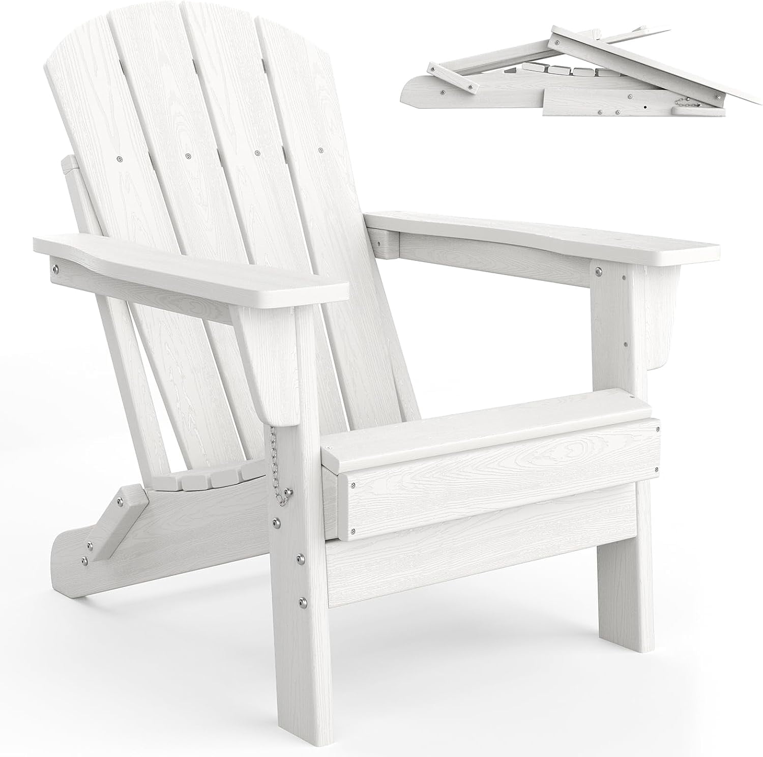Folding Adirondack Chairs Set of 2, HDPE Plastic Outdoor Chairs with Wood Texture 380 LBS & Weather Resistant for Fire Pit, Deck, Patio, Pool, Backyard White