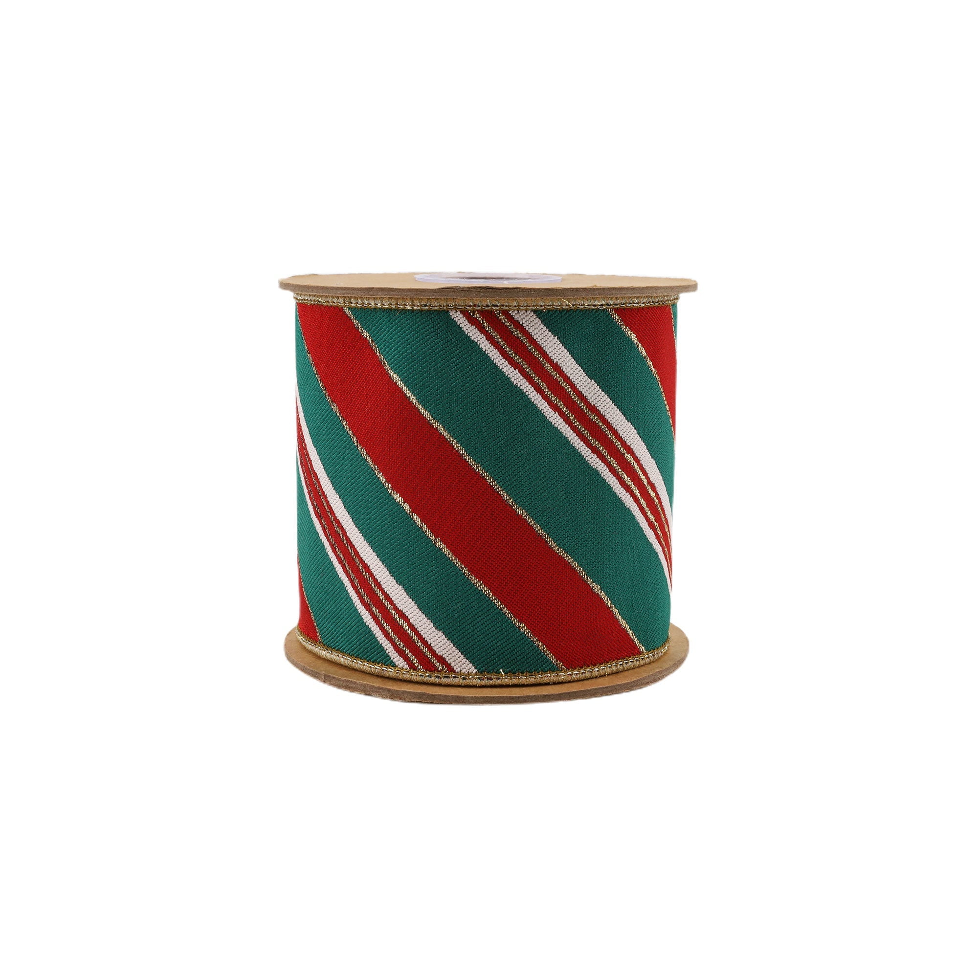 LaRibbons 4" Wired Jacquard Ribbon, Red/Green Christmas Stripes w/ Gold Backing, 5 Yard Roll