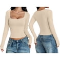 thumbnail image 3 of Womens Long Sleeve Shirts Crop Tops Square Neck Going Out Basics Tees Y2K Winter Clothes Apricot M, 3 of 7
