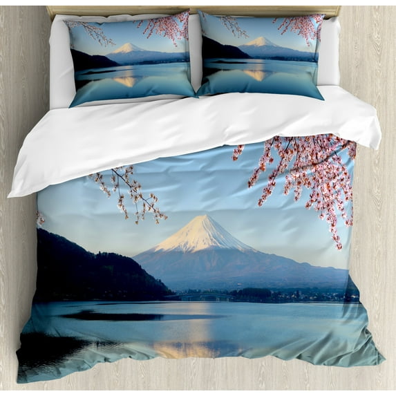 Japan Duvet Cover Set King Size, Mount Fuji and Cherry Blossom Pastoral Idyllic Scenery Oriental Nature Photography, Decorative 3 Piece Bedding Set with 2 Pillow Shams, Multicolor, by Ambesonne