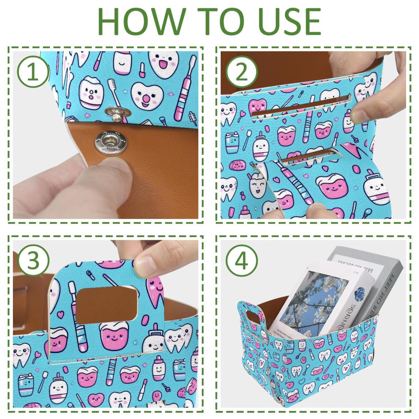 Cartoon Toothbrush Teeth Storage Basket Collapsible Storage Bin, PU Foldable Basket Convenient Box Storage Organizer with Handles for Shelves Office Bedroom Closet Nursery Toys Laundry
