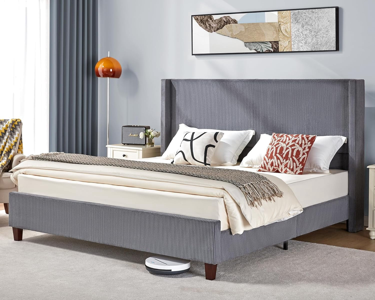 VanAcc King Size Platform Bed Frame, 50.8" Corduroy Upholstered Bed with Vertical Channel Tufted Headboard/Wooden Slats/Wingback, Grey