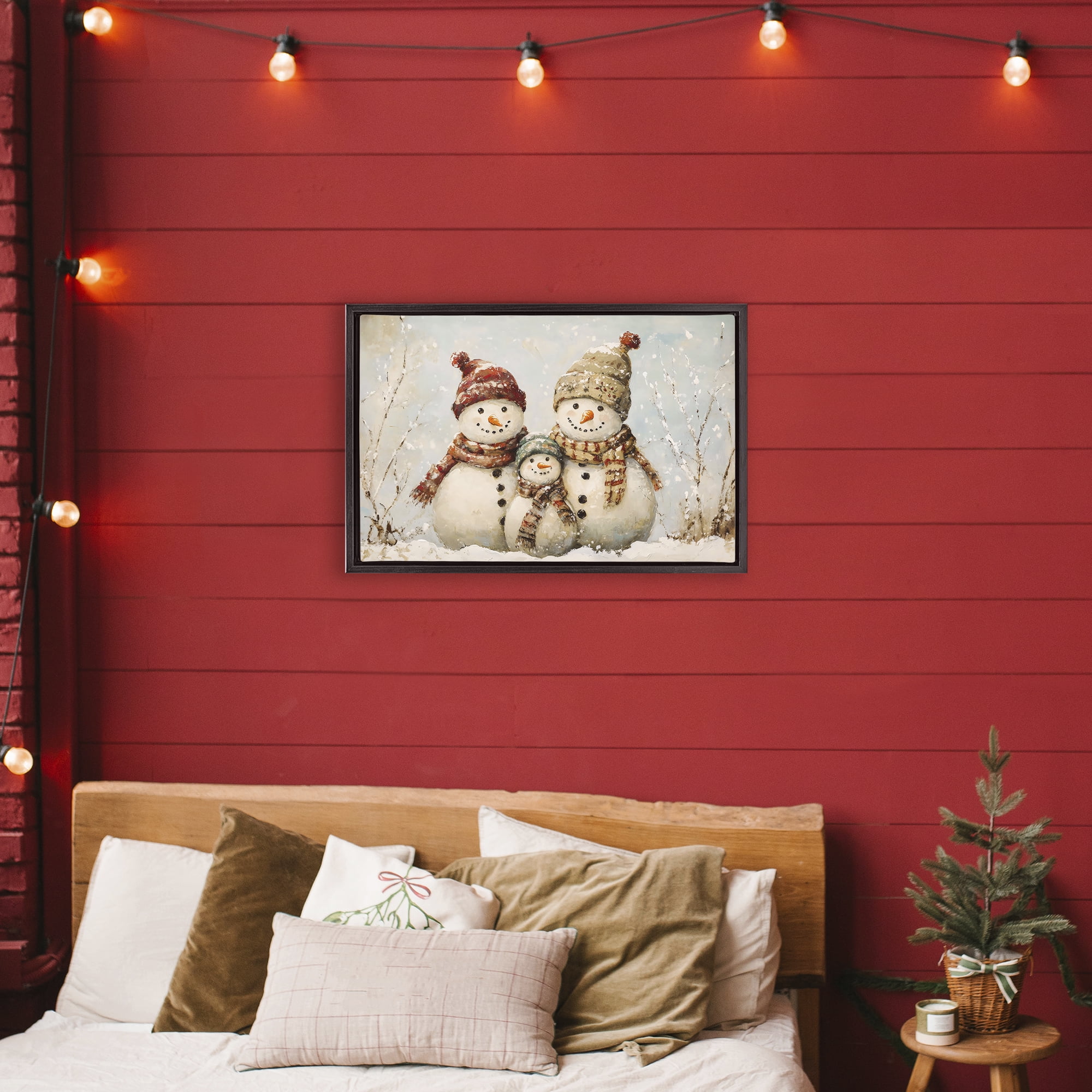 Snowman Family Of Three Black Framed Floater Canvas Wall Art, design by Petal Prints Design