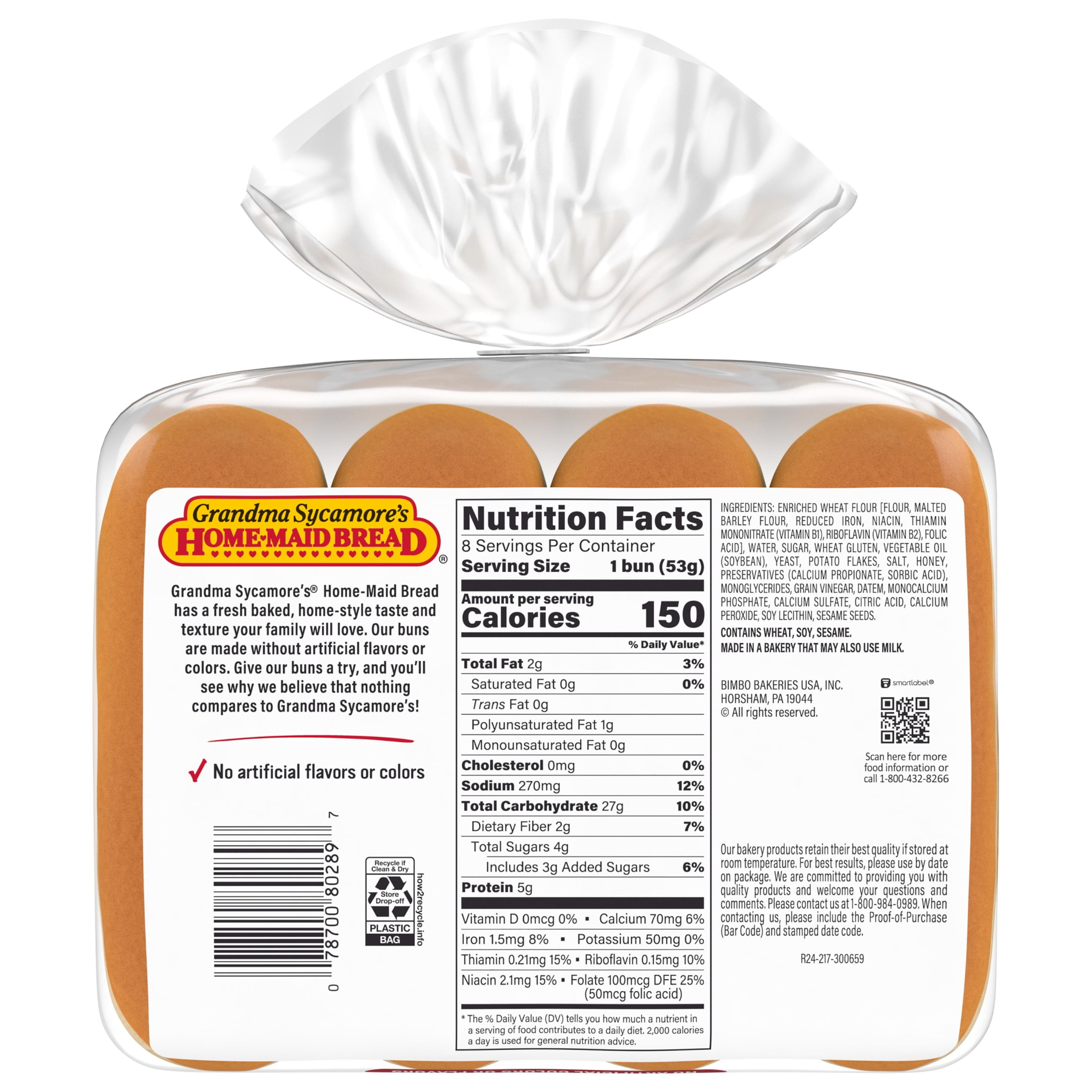 Grandma Sycamore's Coney Buns, 8 count, White Hot Dog Buns, 15 oz Bag