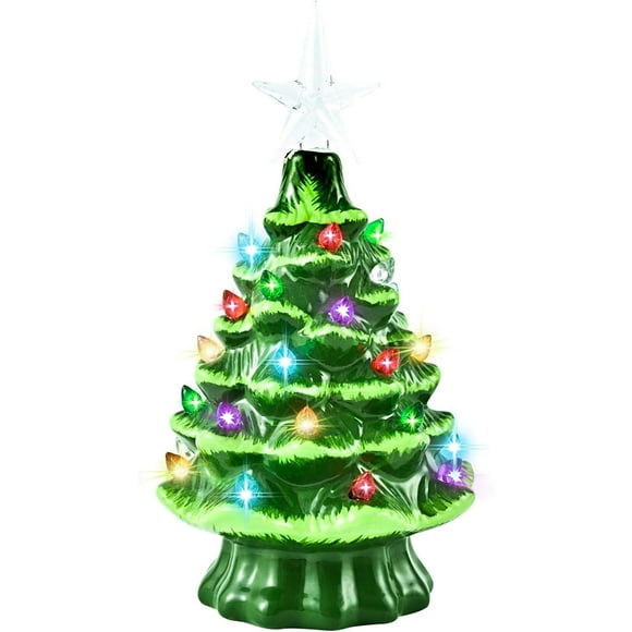 Ceramic Christmas Tree 8” Pre-Lit Hand-Painted Tabletop Xmas Decor with 32 Multicolored Lights&Top Star, Retro Centerpiece