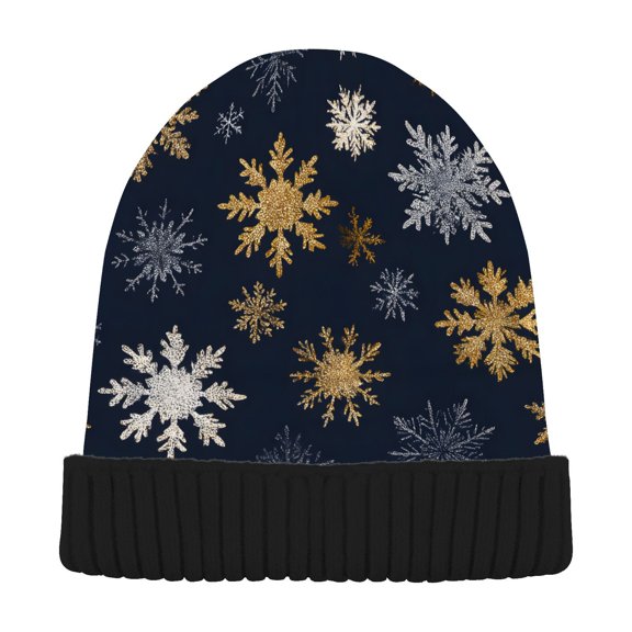 JSTEL Gold White Snowflakes Beanie for Women Men Winter Hat Reversible Skull Knit Cap