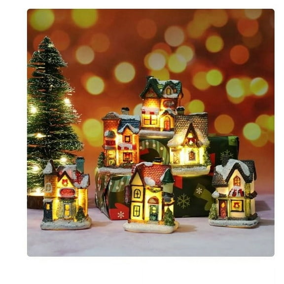BOPORO Resin Christmas Scene Village Houses Town with Warm White LED Light Battery Operate Christmas Ornamnet Snow Village Perfect Addition to Your Christmas Indoor Decorations & Holiday Displays A