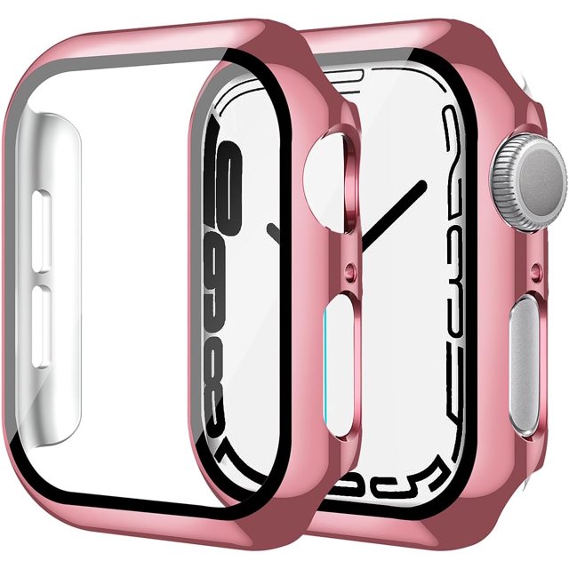 Smiling Paquete de 2 estuches con protector de pantalla de vidrio templado incorporado, compatible con Apple Watch Series 9 (2023) /Series 8 /Series 7 de 41 mm, estuche rígido para PC, cubierta protec
