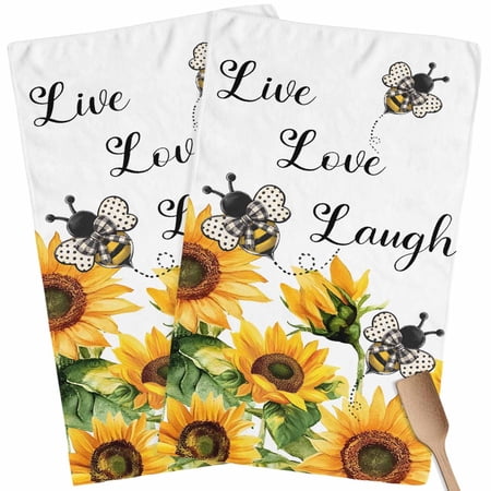 Kitchen Towels Set of 2 Bee Sunflower Love Dish Towels and Dishcloths Sets Tea Towel Rustic Farm Flower Absorbent Hand Towels for Kitchen Bathroom Drying Cleaning Baking Home Decor