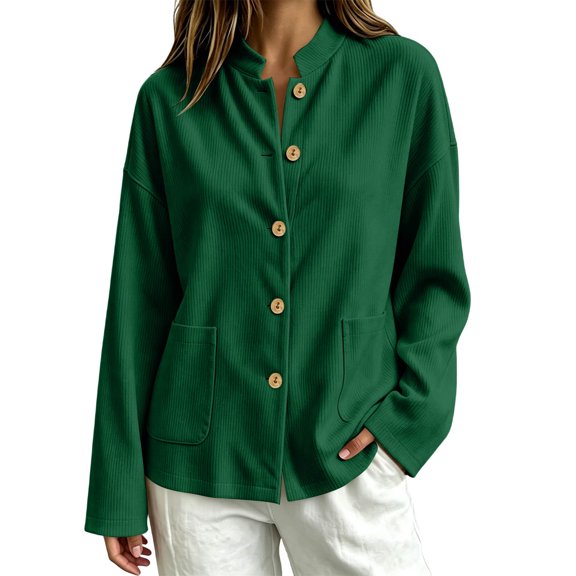 LUVDA Women's Corduroy Button Cardigan Fall Winter Band Collar Patch Pocket Shacket
