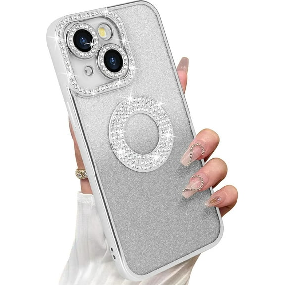 for iPhone 15 Plus Bling Case Women Girls Luxury Gradient Glitter Diamond Case Sparkle Rhinestone Camera Lens Protection Soft Silicone Shockproof Cover for iPhone 15 Plus 6.7 inch, Silver