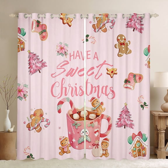 Feelyou Pink Happy Christmas Black Out Curtains for Kid, Kawaii Gingerbread Man Curtains Pack of 2 (42x63 Each), Coffee Dessert Bedroom Curtains, Blackout Curtains Bedroom Decor