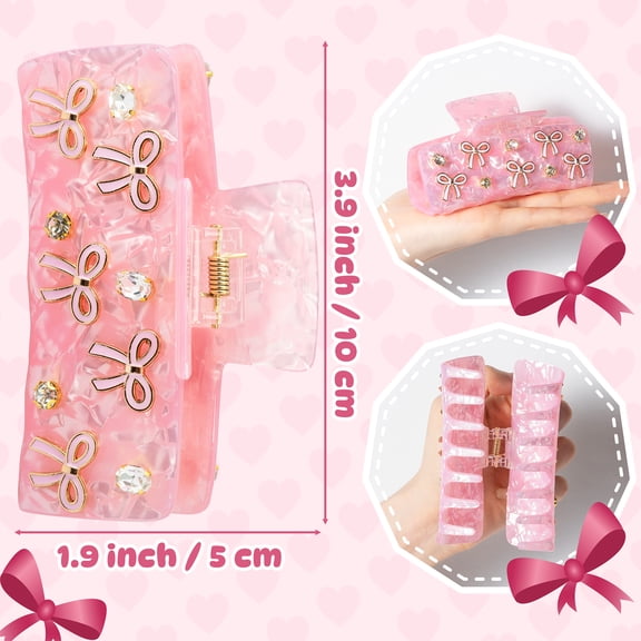 2ooya 2 Piece Hair Claw Clips for Mom Mothers Day, Pink Bow Barrettes PVC Non-Slip Hair Grips, 4 Inch (10.5 cm) Daily Hair Accessories