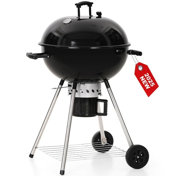22 Inch Large Kettle Charcoal Grill with Foldable Grate & Wheels, Porcelain Coated Lid Ash Pan for Backyard Barbecue Picnic Camping Outdoor Adventures, Durable Steel Frame, Black