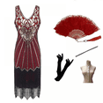 thumbnail image 3 of Vestido estilo flapper con flecos largos y lentejuelas inspirado en los años 20 para mujer, vestido con decoración artística de cuentas, escote en V, sin mangas, conjunto de accesorios para disfraz de, 3 of 5