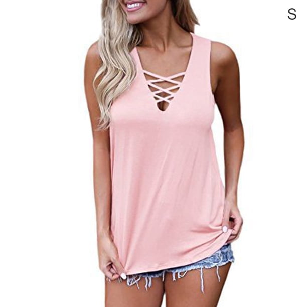 Camiseta Sin Mangas Con Cuello En V Chaleco Con Cordones Mujer Camiseta Sin Mangas De Color Sólido, Rosa, S Noticed AP001796-11