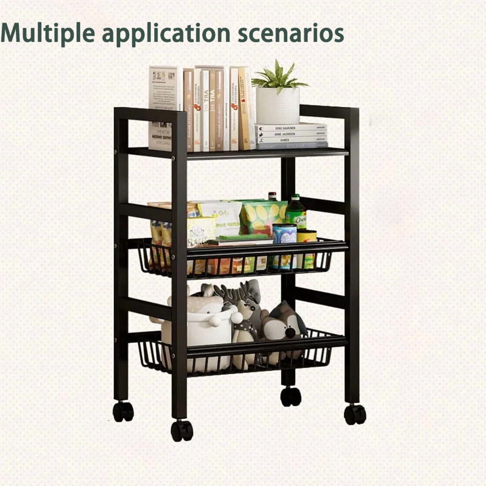 WOWDVOV 3-Tier Kitchen Storage Shelves, Metal Shelf, Adjustable Storage Shelf with Wheels, 23.62"x30.31"x12.99" Living Room Shelf, Kitchen Shelf with 2 Baskets, Black