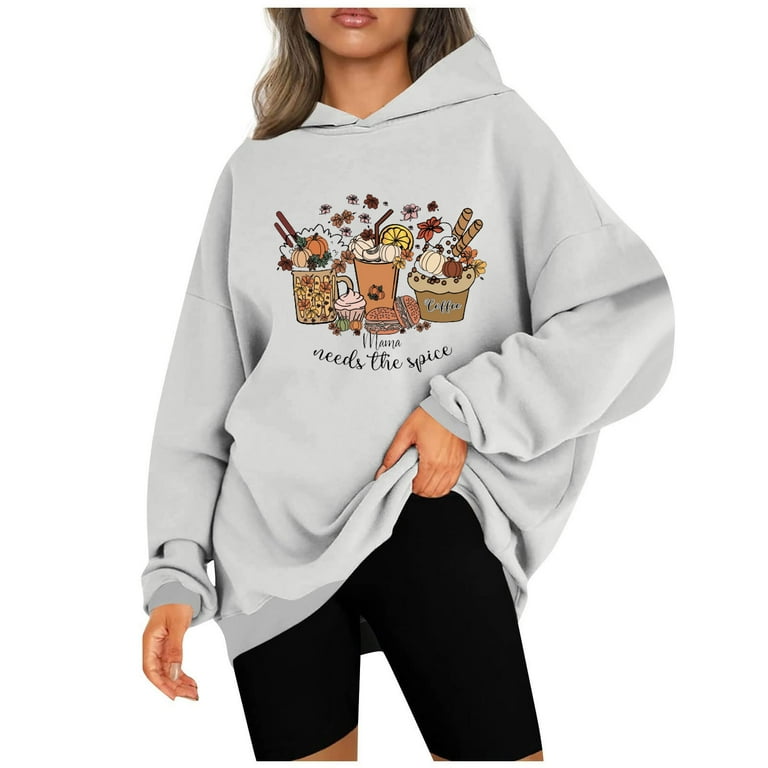 Efsteb Womens Thanksgiving Sweatshirt Clearance Loose Iced Coffee Printed  Graphic Sweatshirts Leisure Lightweight Fall Hooded Neck Hooded Drop  Shoulder Long Sleeve Pullover Workout Tops Gray XXL 