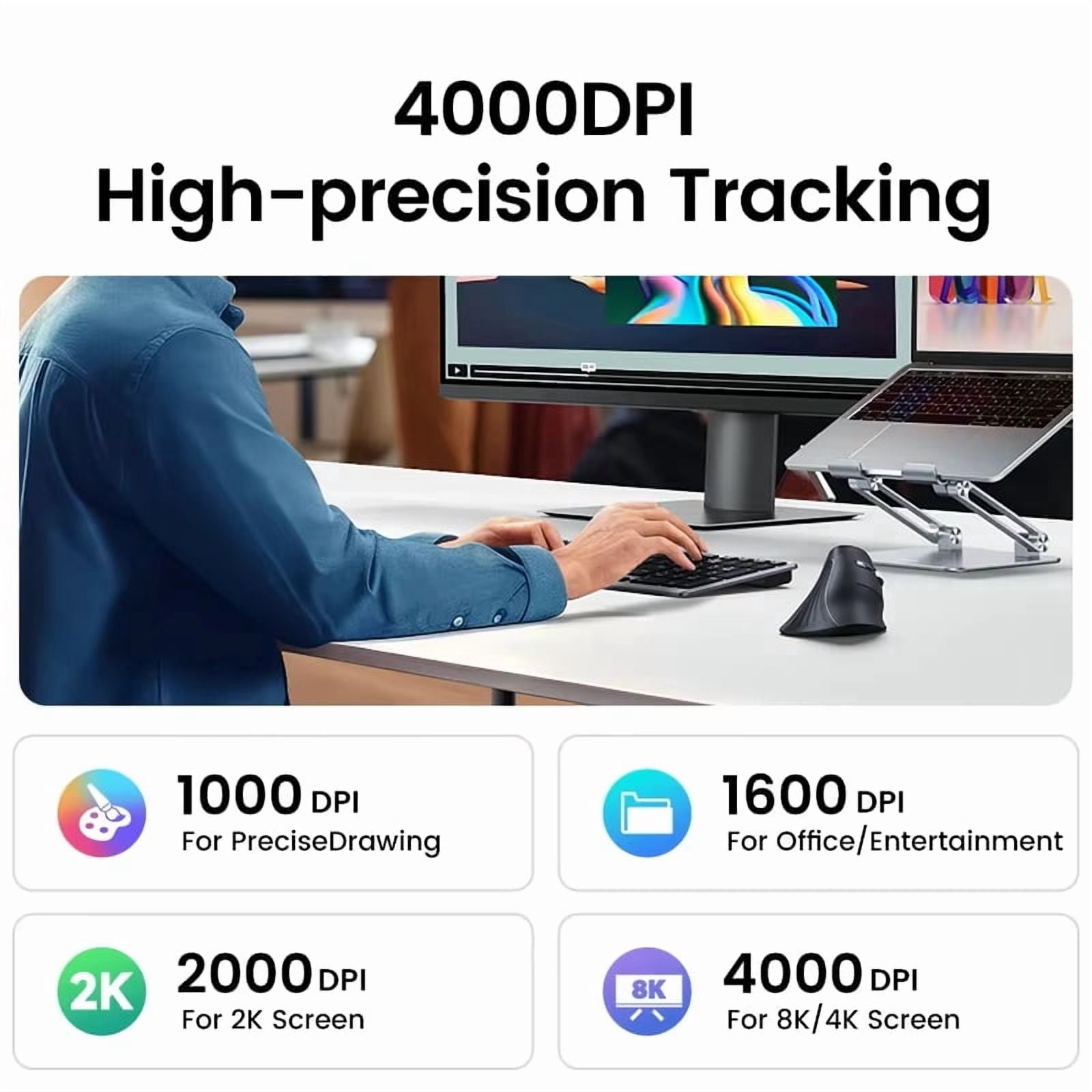 UGREEN Ergonomic Vertical Wireless Mouse, Bluetooth 5.0 & 2.4GHz, 4000 DPI, 6 Mute Buttons, Compatible with PC, MacBook, Laptop, Tablet