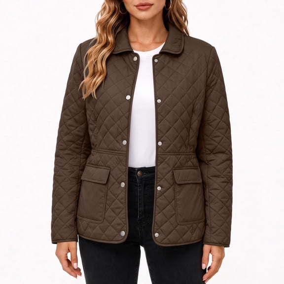 Yutgune Women's Winter Diamond Quilted Jacket Long Sleeve Button Lapel Collar Waist Drawstring Outerwear Coat with Pockets
