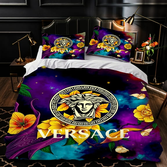 Luxurious 3-Piece Duvet Cover Set with Floral Design - Stylish Purple Blue & Yellow Patterns Bedding