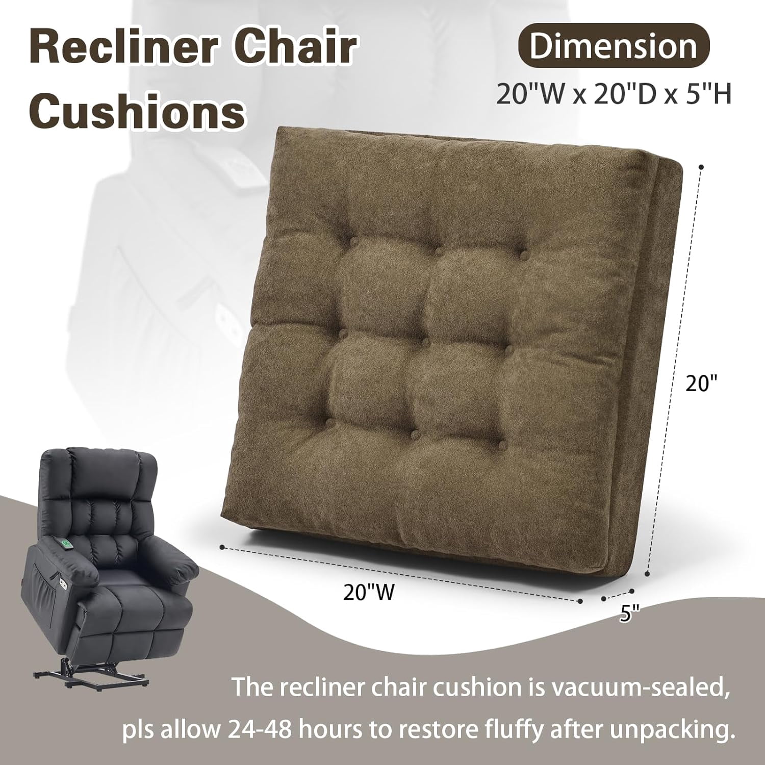 Recliner Seat Cushion for Elderly - Patented Dual Design for Sagging Recliner Replacement & Easy Get Up, Booster Cushion Relieves Back Pain from Sofa, Couch, Chair 20x20x4 Inches Dark Grey