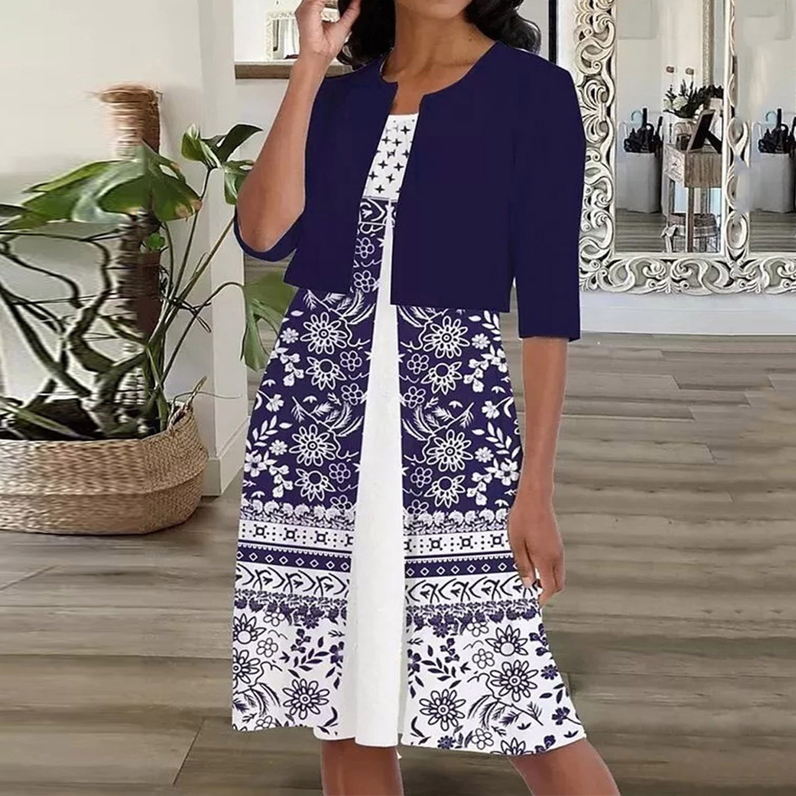 Edvintorg Dress Sets Women's Summer Printed Round Neck Elegant A Line Sling Dress and Half Sleeve Cardigan Tops Set Suit Vacation Two Piece Set