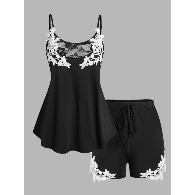 Conjunto Shorts de Pijama de Cordones de Talla Extra de Encaje de Flores Rosegal Pijamas y Batas Tallas Grandes