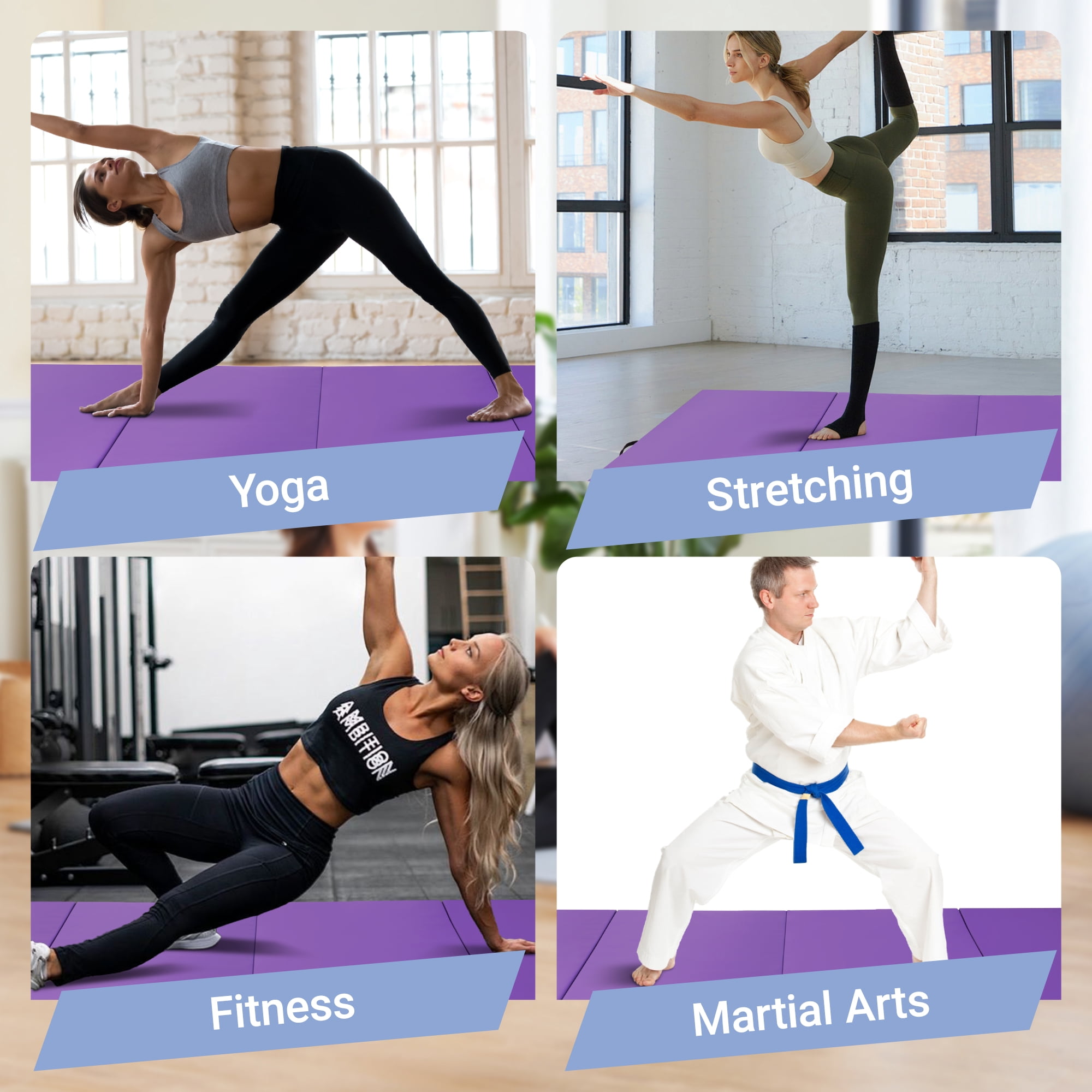 BalanceFrom Versatile 4'x8'x2" High-Density Gym Mats - Extra Thick, Anti-Tear, Easy-Clean, Foldable for Aerobics, Yoga, Martial Arts, with Durable Vinyl and Velcro, Purple