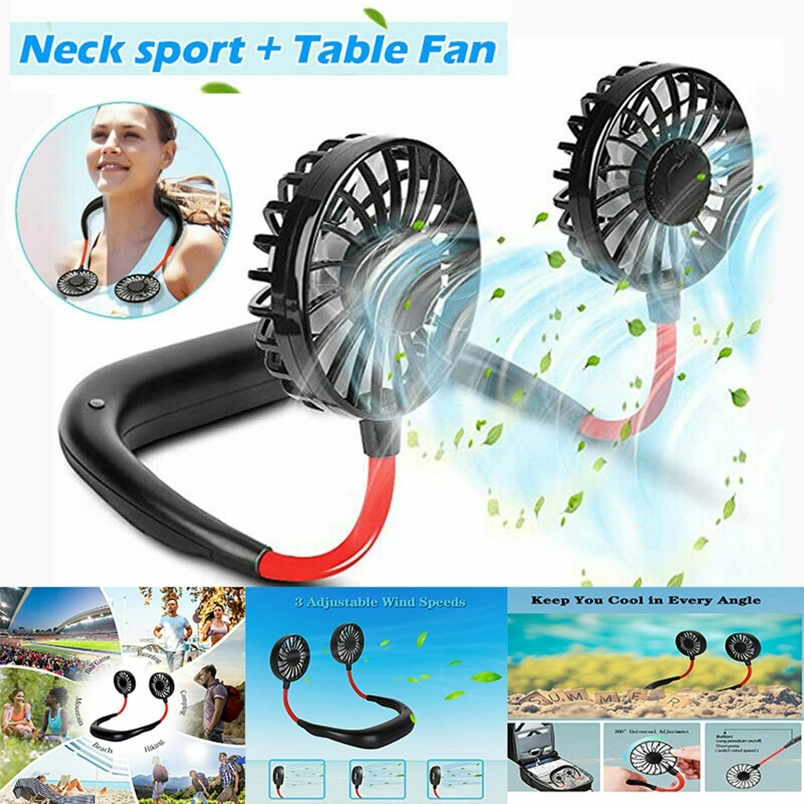 Neck Hanging Fan Hand Free Portable Neck Sports Fans, USB
