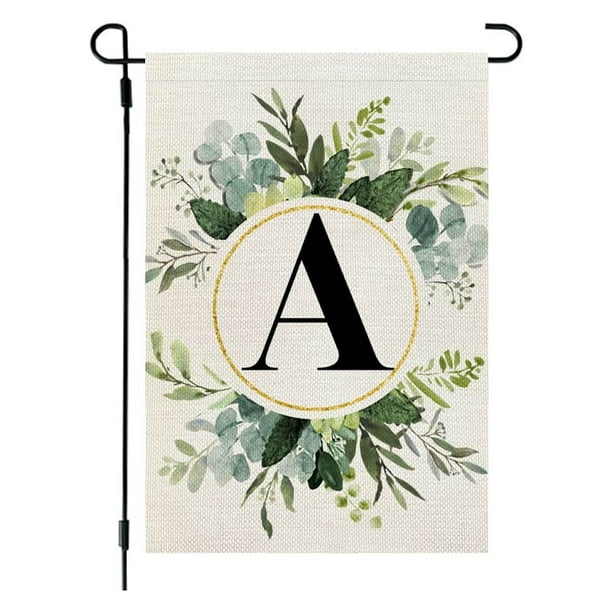 Bandera de lino para jardín, estilo Ins, con estampado de 26 letras y plantas verdes, con la primera letra del apellido, ideal para colgar en la puerta del patio.