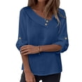 thumbnail image 3 of BiZtdJrK Women Trendy Cotton Linen Tops Asymmetric V Neck Casual Summer Tee Shirts Roll Up 3/4 Length Sleeve Vacation Blouses Blue XXL, 3 of 10